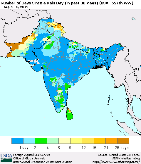 Southern Asia Number of Days Since a Rain Day in past 30 days (USAF 557th WW) Thematic Map For 9/2/2019 - 9/8/2019