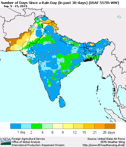 Southern Asia Number of Days Since a Rain Day in past 30 days (USAF 557th WW) Thematic Map For 9/9/2019 - 9/15/2019