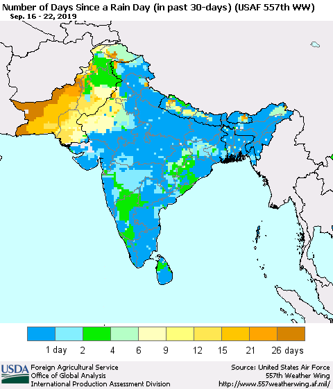 Southern Asia Number of Days Since a Rain Day in past 30 days (USAF 557th WW) Thematic Map For 9/16/2019 - 9/22/2019