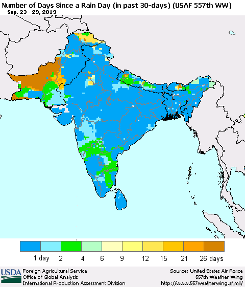 Southern Asia Number of Days Since a Rain Day in past 30 days (USAF 557th WW) Thematic Map For 9/23/2019 - 9/29/2019