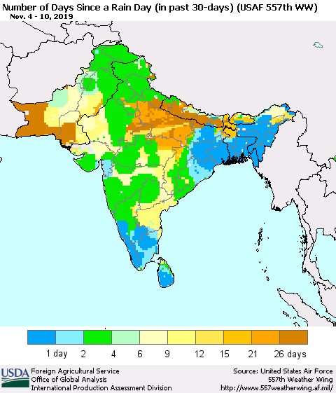 Southern Asia Number of Days Since a Rain Day in past 30 days (USAF 557th WW) Thematic Map For 11/4/2019 - 11/10/2019