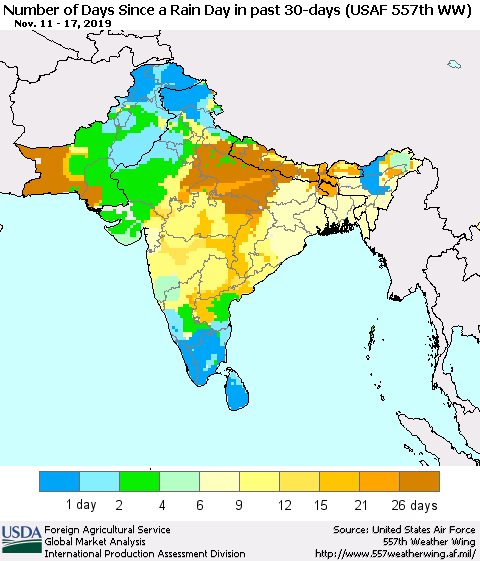 Southern Asia Number of Days Since a Rain Day in past 30 days (USAF 557th WW) Thematic Map For 11/11/2019 - 11/17/2019