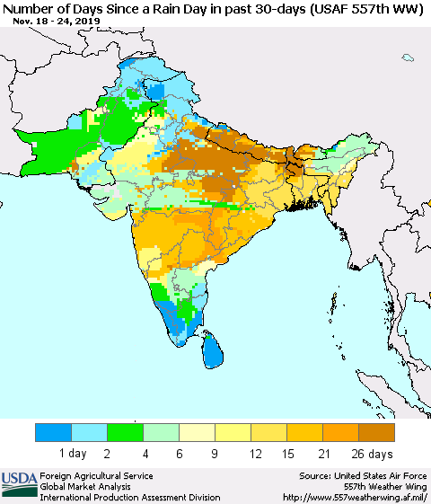 Southern Asia Number of Days Since a Rain Day in past 30 days (USAF 557th WW) Thematic Map For 11/18/2019 - 11/24/2019