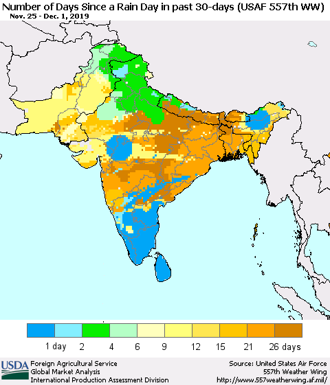Southern Asia Number of Days Since a Rain Day in past 30 days (USAF 557th WW) Thematic Map For 11/25/2019 - 12/1/2019