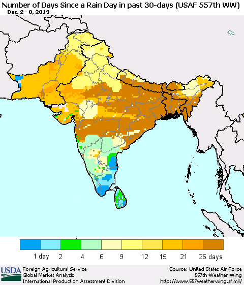 Southern Asia Number of Days Since a Rain Day in past 30 days (USAF 557th WW) Thematic Map For 12/2/2019 - 12/8/2019