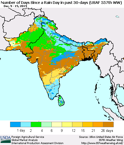 Southern Asia Number of Days Since a Rain Day in past 30 days (USAF 557th WW) Thematic Map For 12/9/2019 - 12/15/2019