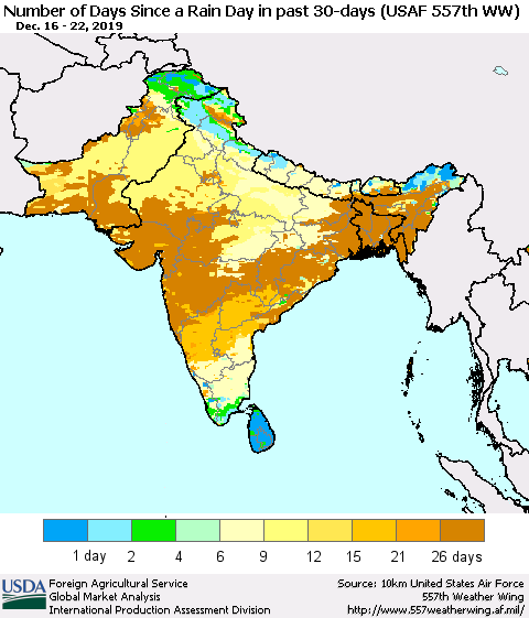 Southern Asia Number of Days Since a Rain Day in past 30 days (USAF 557th WW) Thematic Map For 12/16/2019 - 12/22/2019