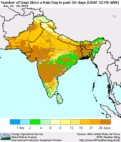 Southern Asia Number of Days Since a Rain Day in past 30 days (USAF 557th WW) Thematic Map For 12/23/2019 - 12/29/2019