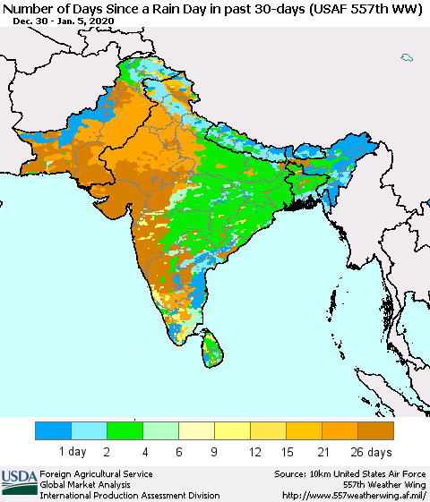 Southern Asia Number of Days Since a Rain Day in past 30 days (USAF 557th WW) Thematic Map For 12/30/2019 - 1/5/2020