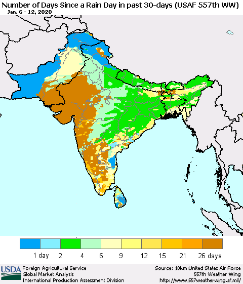 Southern Asia Number of Days Since a Rain Day in past 30 days (USAF 557th WW) Thematic Map For 1/6/2020 - 1/12/2020