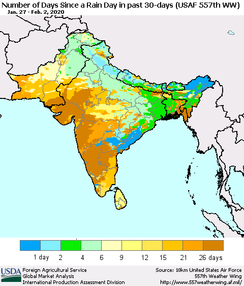 Southern Asia Number of Days Since a Rain Day in past 30 days (USAF 557th WW) Thematic Map For 1/27/2020 - 2/2/2020