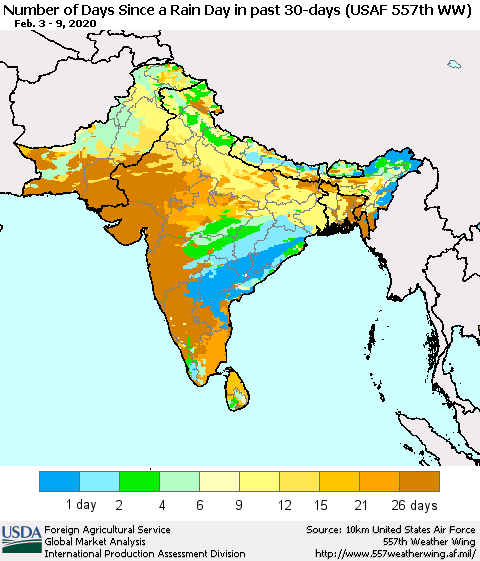 Southern Asia Number of Days Since a Rain Day in past 30 days (USAF 557th WW) Thematic Map For 2/3/2020 - 2/9/2020