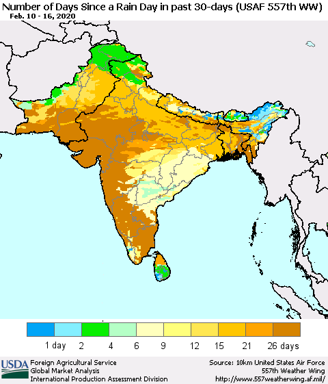 Southern Asia Number of Days Since a Rain Day in past 30 days (USAF 557th WW) Thematic Map For 2/10/2020 - 2/16/2020