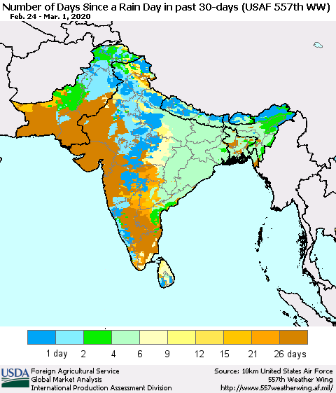 Southern Asia Number of Days Since a Rain Day in past 30 days (USAF 557th WW) Thematic Map For 2/24/2020 - 3/1/2020