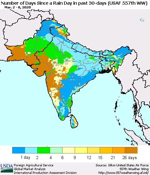 Southern Asia Number of Days Since a Rain Day in past 30 days (USAF 557th WW) Thematic Map For 3/2/2020 - 3/8/2020