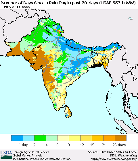 Southern Asia Number of Days Since a Rain Day in past 30 days (USAF 557th WW) Thematic Map For 3/9/2020 - 3/15/2020