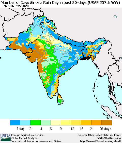 Southern Asia Number of Days Since a Rain Day in past 30 days (USAF 557th WW) Thematic Map For 3/16/2020 - 3/22/2020
