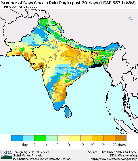 Southern Asia Number of Days Since a Rain Day in past 30 days (USAF 557th WW) Thematic Map For 3/30/2020 - 4/5/2020