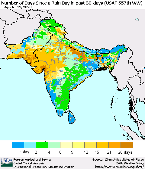 Southern Asia Number of Days Since a Rain Day in past 30 days (USAF 557th WW) Thematic Map For 4/6/2020 - 4/12/2020