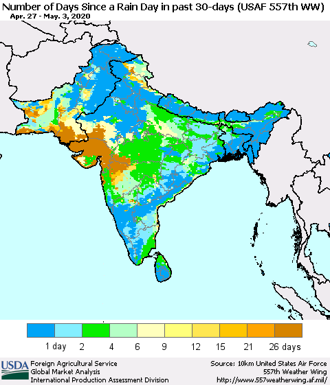 Southern Asia Number of Days Since a Rain Day in past 30 days (USAF 557th WW) Thematic Map For 4/27/2020 - 5/3/2020