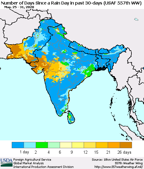 Southern Asia Number of Days Since a Rain Day in past 30 days (USAF 557th WW) Thematic Map For 5/25/2020 - 5/31/2020
