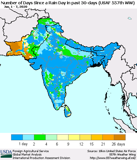 Southern Asia Number of Days Since a Rain Day in past 30 days (USAF 557th WW) Thematic Map For 6/1/2020 - 6/7/2020