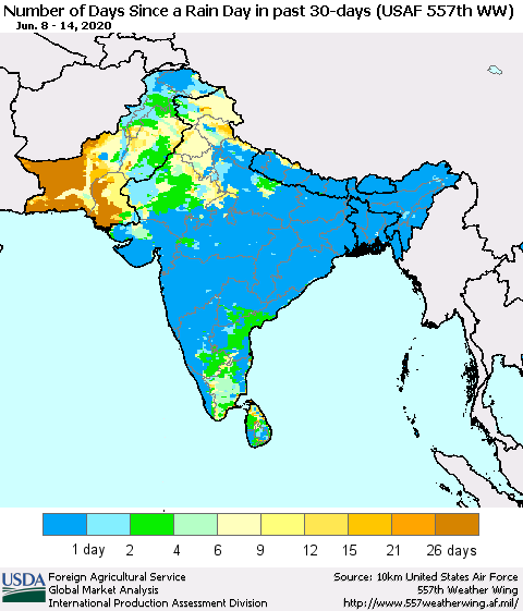 Southern Asia Number of Days Since a Rain Day in past 30 days (USAF 557th WW) Thematic Map For 6/8/2020 - 6/14/2020