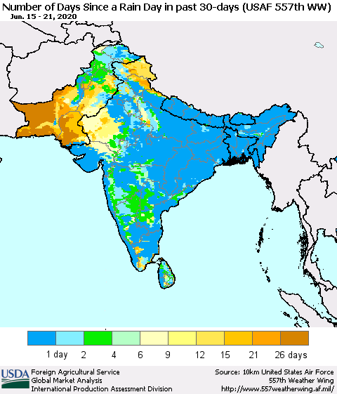 Southern Asia Number of Days Since a Rain Day in past 30 days (USAF 557th WW) Thematic Map For 6/15/2020 - 6/21/2020