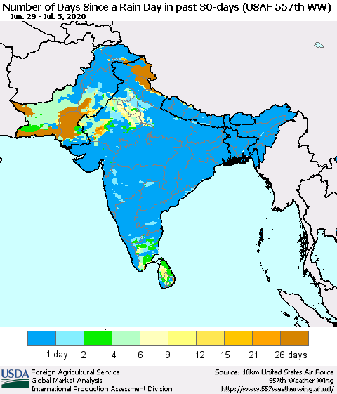 Southern Asia Number of Days Since a Rain Day in past 30 days (USAF 557th WW) Thematic Map For 6/29/2020 - 7/5/2020