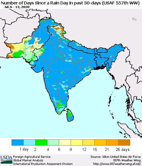 Southern Asia Number of Days Since a Rain Day in past 30 days (USAF 557th WW) Thematic Map For 7/6/2020 - 7/12/2020