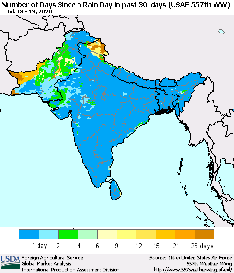 Southern Asia Number of Days Since a Rain Day in past 30 days (USAF 557th WW) Thematic Map For 7/13/2020 - 7/19/2020