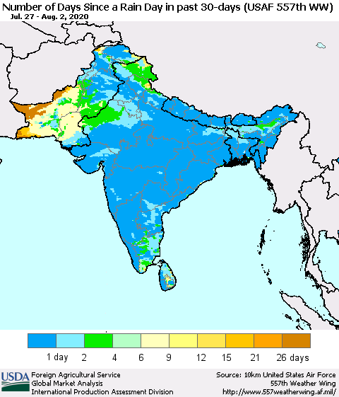 Southern Asia Number of Days Since a Rain Day in past 30 days (USAF 557th WW) Thematic Map For 7/27/2020 - 8/2/2020