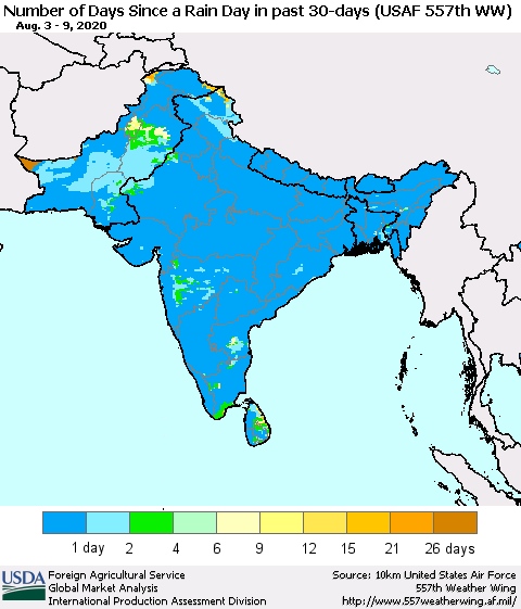 Southern Asia Number of Days Since a Rain Day in past 30 days (USAF 557th WW) Thematic Map For 8/3/2020 - 8/9/2020