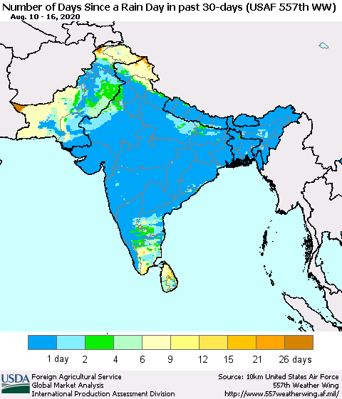 Southern Asia Number of Days Since a Rain Day in past 30 days (USAF 557th WW) Thematic Map For 8/10/2020 - 8/16/2020