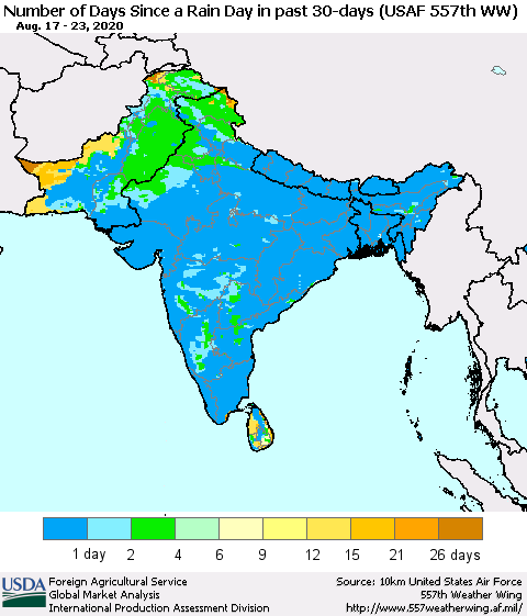 Southern Asia Number of Days Since a Rain Day in past 30 days (USAF 557th WW) Thematic Map For 8/17/2020 - 8/23/2020