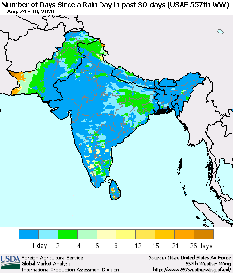Southern Asia Number of Days Since a Rain Day in past 30 days (USAF 557th WW) Thematic Map For 8/24/2020 - 8/30/2020