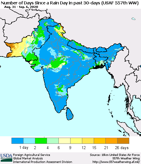 Southern Asia Number of Days Since a Rain Day in past 30 days (USAF 557th WW) Thematic Map For 8/31/2020 - 9/6/2020