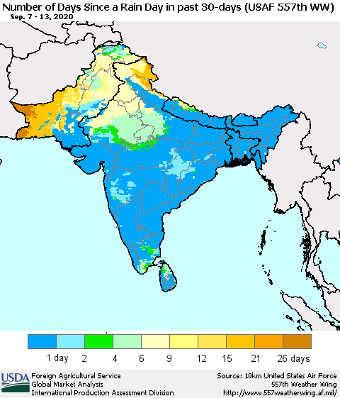 Southern Asia Number of Days Since a Rain Day in past 30 days (USAF 557th WW) Thematic Map For 9/7/2020 - 9/13/2020
