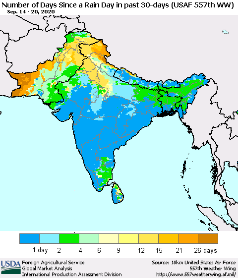 Southern Asia Number of Days Since a Rain Day in past 30 days (USAF 557th WW) Thematic Map For 9/14/2020 - 9/20/2020
