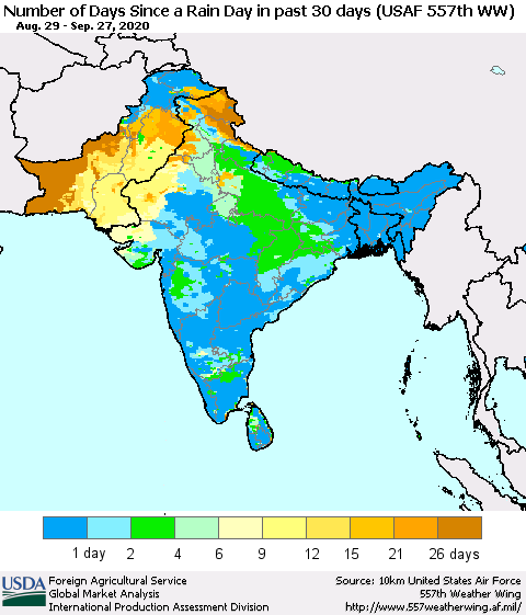 Southern Asia Number of Days Since a Rain Day in past 30 days (USAF 557th WW) Thematic Map For 9/21/2020 - 9/27/2020