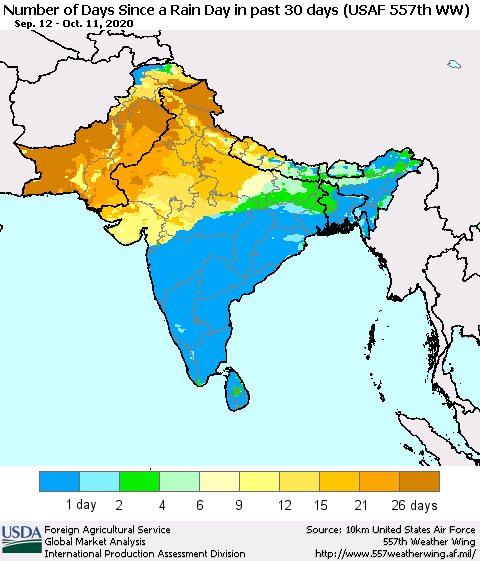 Southern Asia Number of Days Since a Rain Day in past 30 days (USAF 557th WW) Thematic Map For 10/5/2020 - 10/11/2020