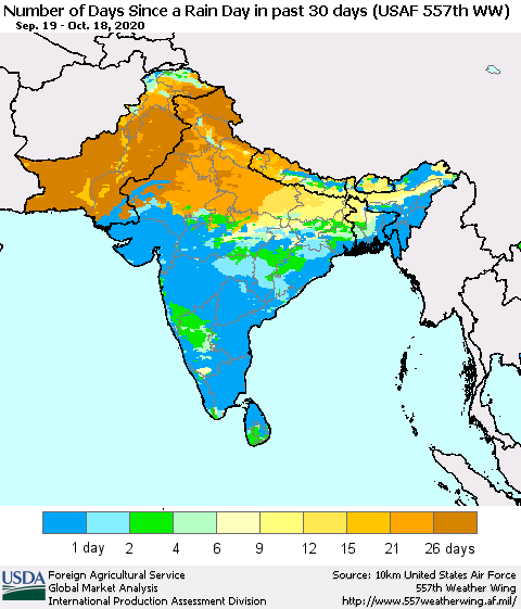Southern Asia Number of Days Since a Rain Day in past 30 days (USAF 557th WW) Thematic Map For 10/12/2020 - 10/18/2020