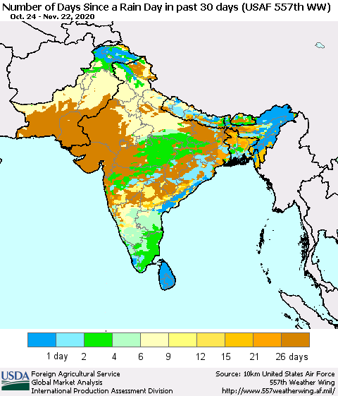 Southern Asia Number of Days Since a Rain Day in past 30 days (USAF 557th WW) Thematic Map For 11/16/2020 - 11/22/2020