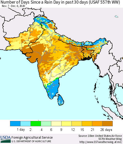 Southern Asia Number of Days Since a Rain Day in past 30 days (USAF 557th WW) Thematic Map For 11/30/2020 - 12/6/2020