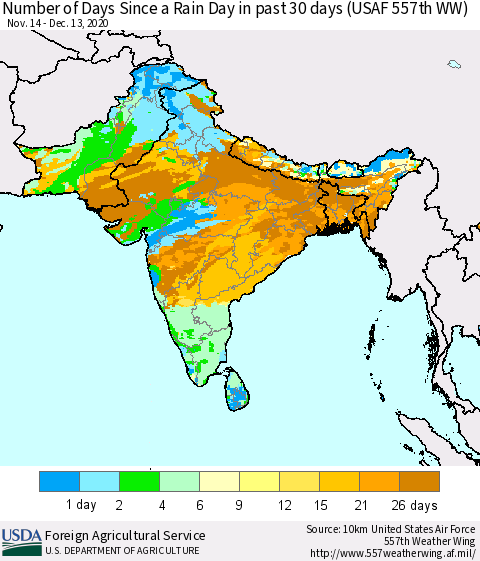 Southern Asia Number of Days Since a Rain Day in past 30 days (USAF 557th WW) Thematic Map For 12/7/2020 - 12/13/2020