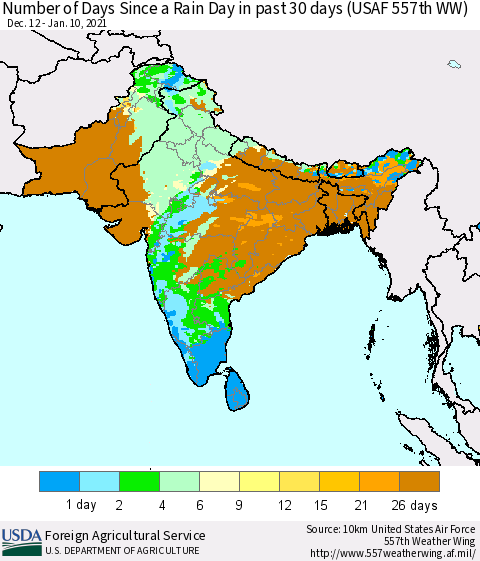 Southern Asia Number of Days Since a Rain Day in past 30 days (USAF 557th WW) Thematic Map For 1/4/2021 - 1/10/2021