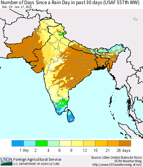 Southern Asia Number of Days Since a Rain Day in past 30 days (USAF 557th WW) Thematic Map For 1/11/2021 - 1/17/2021