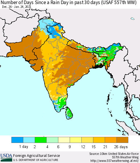 Southern Asia Number of Days Since a Rain Day in past 30 days (USAF 557th WW) Thematic Map For 1/18/2021 - 1/24/2021