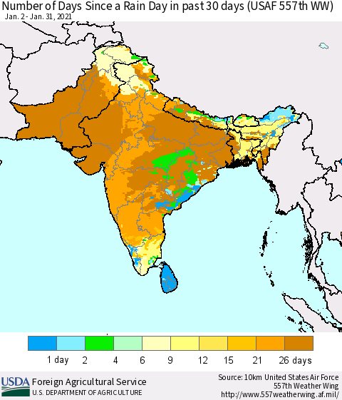 Southern Asia Number of Days Since a Rain Day in past 30 days (USAF 557th WW) Thematic Map For 1/25/2021 - 1/31/2021