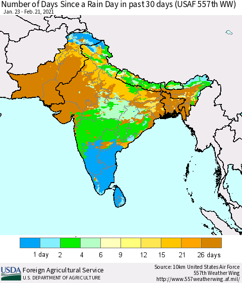 Southern Asia Number of Days Since a Rain Day in past 30 days (USAF 557th WW) Thematic Map For 2/15/2021 - 2/21/2021